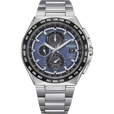 Citizen Eco-Drive Radio Controlled GMT Chronograph Super Titanium Blue Dial AT8238-84L 100M Men's Watch
