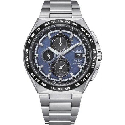 Citizen Eco-Drive Radio Controlled GMT Chronograph Super Titanium Blue Dial AT8238-84L 100M Men's Watch