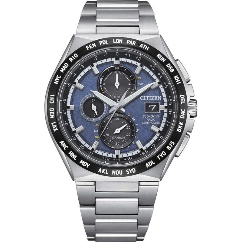 Citizen Eco-Drive Radio Controlled GMT Chronograph Super Titanium Blue Dial AT8238-84L 100M Men's Watch