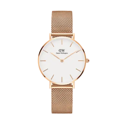 Daniel Wellington Women's classic petite Melrose watch - 32 mm - White dial with rose gold mesh bracelet (DW00100163)