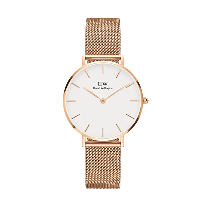 Daniel Wellington Women's classic petite Melrose watch - 32 mm - White dial with rose gold mesh bracelet (DW00100163)