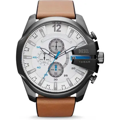 Diesel Mega Chief 51mm Men’s Watch – Silver Stainless Steel, White Chronograph Dial & Brown Leather Strap (DZ4280)