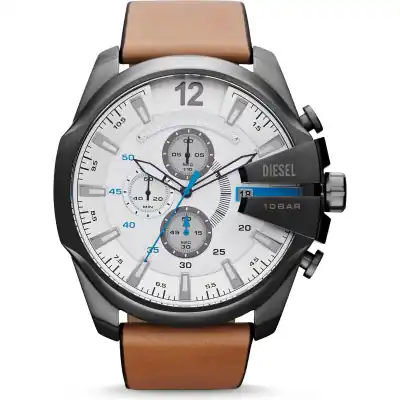Diesel Mega Chief 51mm Men’s Watch – Silver Stainless Steel, White Chronograph Dial & Brown Leather Strap (DZ4280)