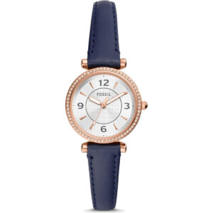 Fossil Carlie crystal accents silver dial navy litehide leather quartz es5295 Women's watch