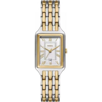 Fossil Raquel 23mm Women’s Rectangular Watch – Two-Tone Silver & Gold-Tone Stainless Steel, Silver Satin Dial with Date (ES5368)