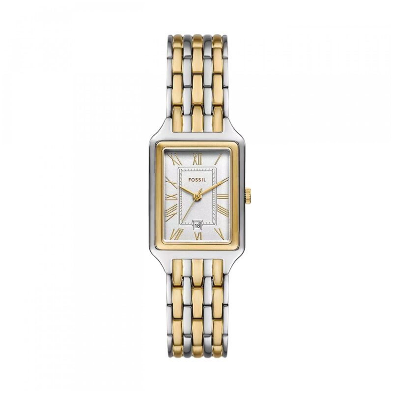 Fossil Raquel 23mm Women’s Rectangular Watch – Two-Tone Silver & Gold-Tone Stainless Steel, Silver Satin Dial with Date (ES5368)