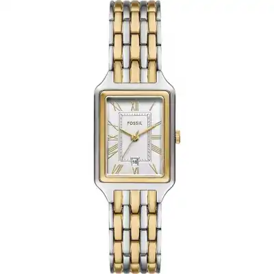 Fossil Raquel 23mm Women’s Rectangular Watch – Two-Tone Silver & Gold-Tone Stainless Steel, Silver Satin Dial with Date (ES5368)