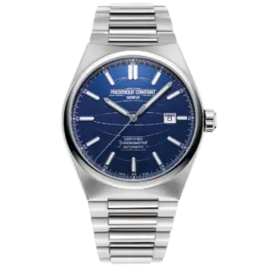 Frederique Constant Highlife Men’s Automatic COSC Watch | 41mm Stainless Steel Case, Navy Blue Globe Dial, Integrated Steel Bracelet & Extra Rubber Strap (FC-303N4NH6B)