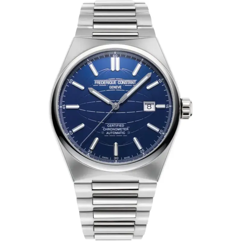 Frederique Constant Highlife Men’s Automatic COSC Watch | 41mm Stainless Steel Case, Navy Blue Globe Dial, Integrated Steel Bracelet & Extra Rubber Strap (FC-303N4NH6B)