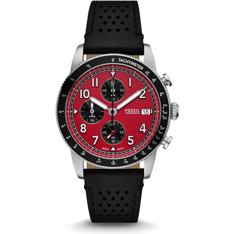 Fossil Sport Tourer Chronograph Leather Strap Red Dial Quartz FS6086 Men's Watch