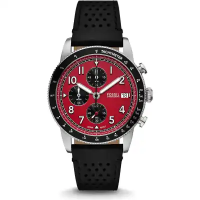 Fossil Sport Tourer Chronograph Leather Strap Red Dial Quartz FS6086 Men's Watch