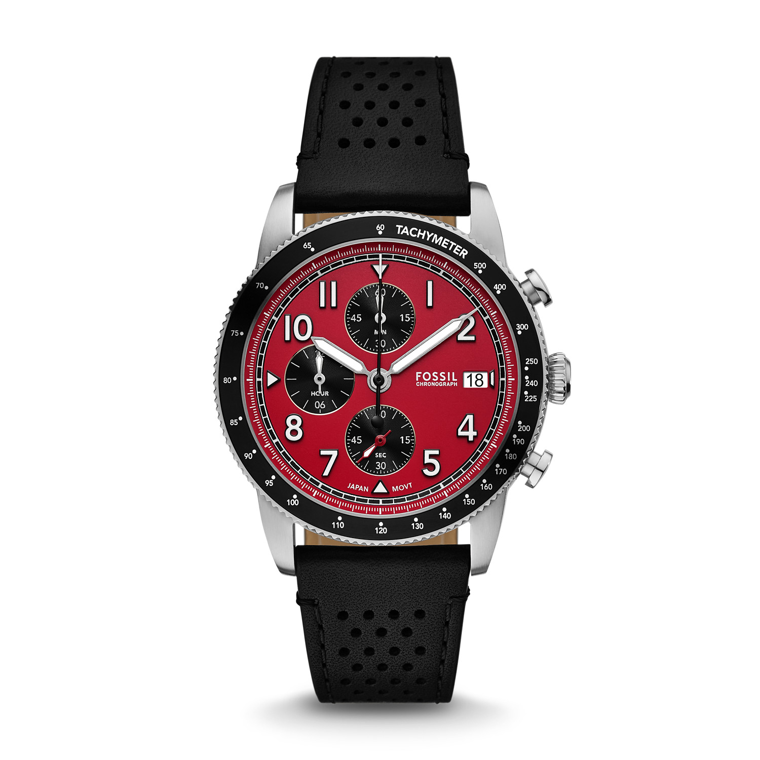 Fossil Sport Tourer Chronograph Leather Strap Red Dial Quartz FS6086 Men's Watch