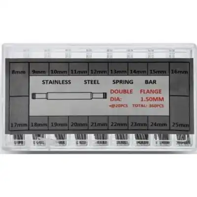 360 Anse Acciaio In 18 Misure (largh. Da 8mm A 255mm. Diam. 1.5mm. 20pz Cad.) 360 Stain Less Spring Bars In 18 Sizes (width From 8mm To 25mm. Diam. 1.5mm. 20pcs Per Size) (GJ003) Unisex WATCHES