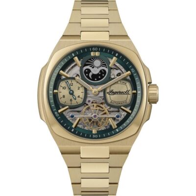 Ingersoll The Spirit Gold Tone Stainless Steel Green Skeleton Dial Automatic I15803 Men's Watch