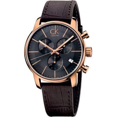 Calvin Klein Watch Men Black Dial Leather Brown Strap Quartz Analog Chronograph Ck City K2G276G3
