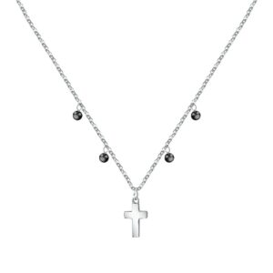 La Petite Story Steel Cross Necklace With Clear Zircon And Black Beads LPS10ASF07 For Women