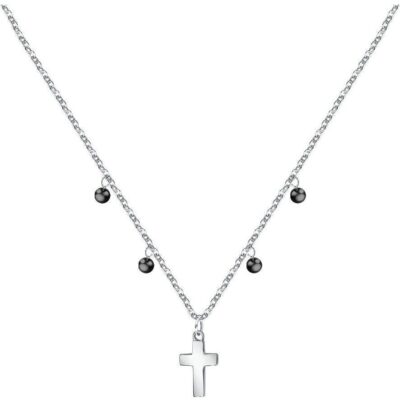 La Petite Story Steel Cross Necklace With Clear Zircon And Black Beads LPS10ASF07 For Women