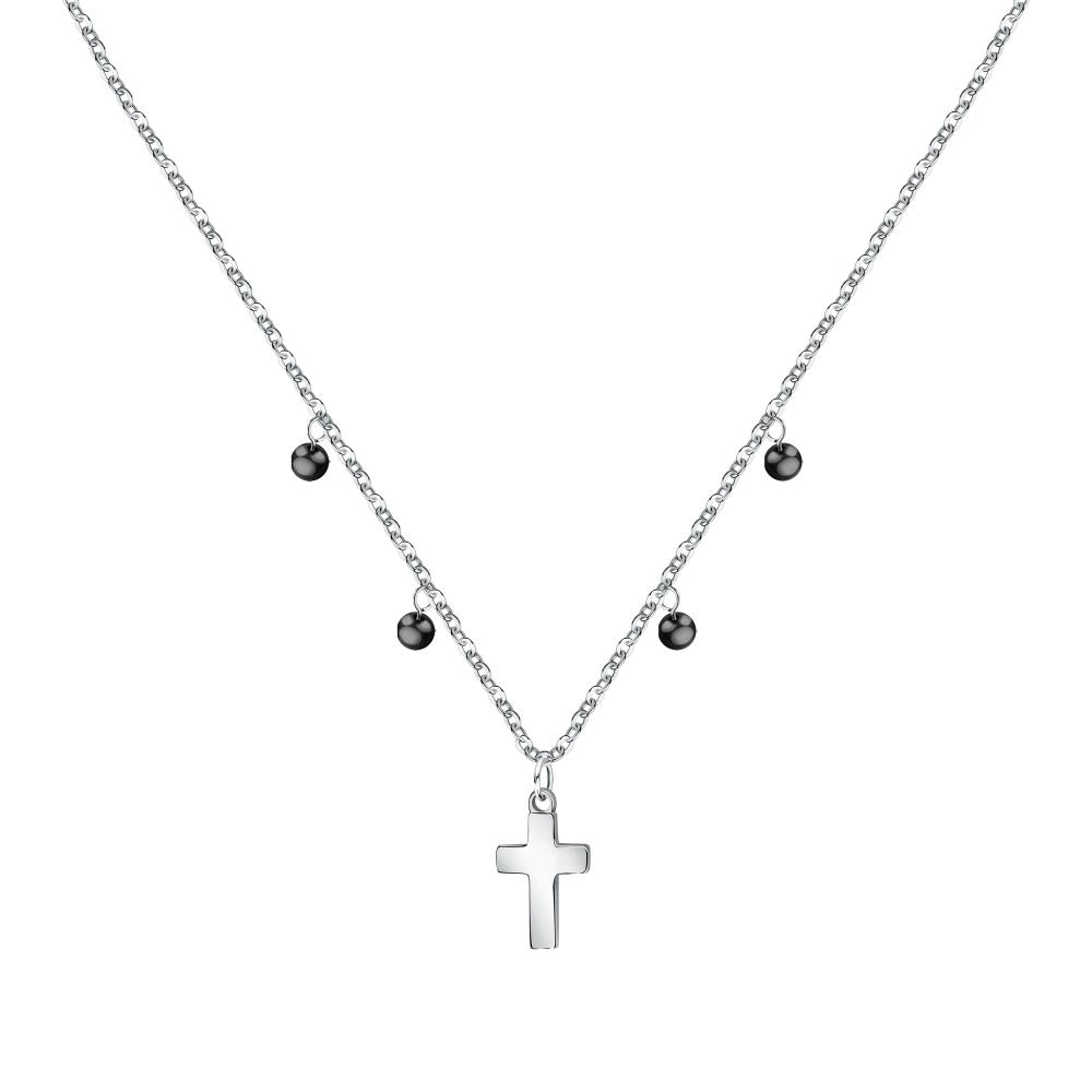 La Petite Story Steel Cross Necklace With Clear Zircon And Black Beads LPS10ASF07 For Women