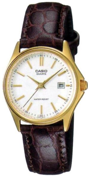 Casio Collection Lady Date Leather - White. Gold Indexes (LTP-1183Q-7ADF) Women's Watch