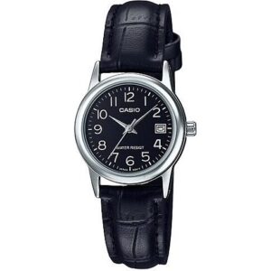 Casio Collection Lady Date Silver. Leather - Black (LTP-V002L-1BUDF) Women's Watch