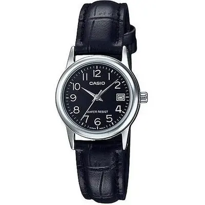 Casio Collection Lady Date Silver. Leather - Black (LTP-V002L-1BUDF) Women's Watch