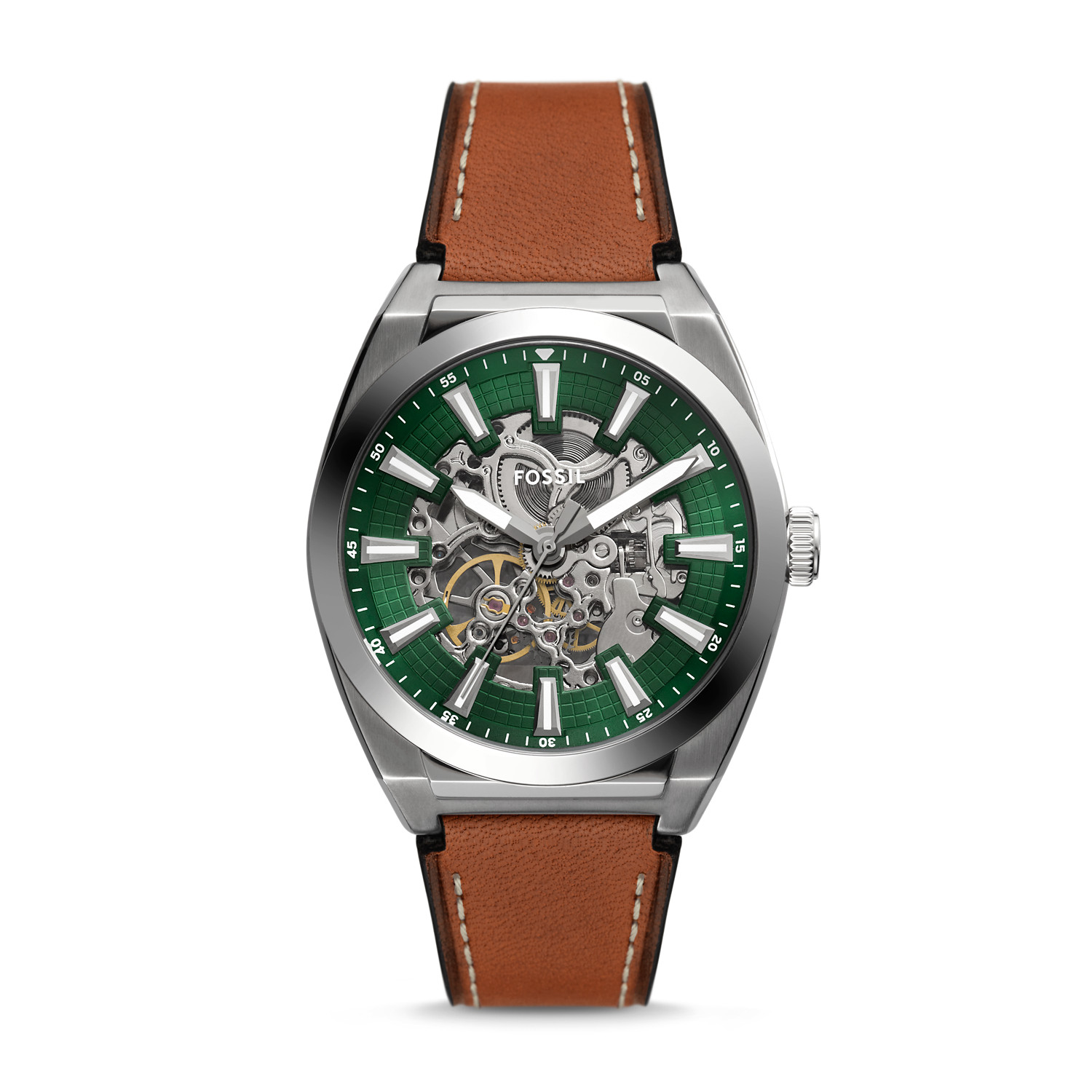 Fossil Everett Brown Leather Strap Green Skeleton Dial Automatic ME3261 Men's Watch