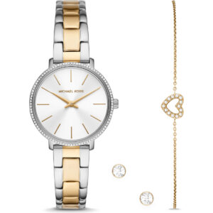 Michael Kors Pyper Women’s Two-Tone Watch Gift Set | 32mm Stainless Steel Watch with Pavé Heart Bracelet & Stud Earrings (MK1041)