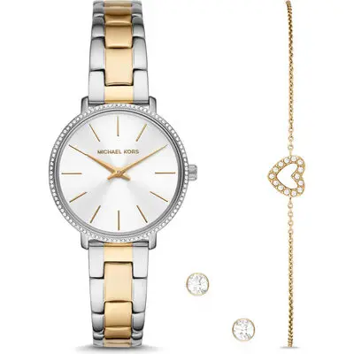 Michael Kors Pyper Women’s Two-Tone Watch Gift Set | 32mm Stainless Steel Watch with Pavé Heart Bracelet & Stud Earrings (MK1041)