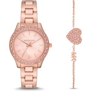 Michael Kors Liliane Women’s Rose Gold-Tone Watch Gift Set | 36mm Pink Mother of Pearl Dial with Pavé Heart Bracelet (MK1068SET)