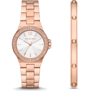 Michael Kors Lennox Women’s Rose Gold-Tone Watch & Bangle Set | 33mm Pavé Crystal Bezel with Astor-Stud Bracelet (MK1073SET)
