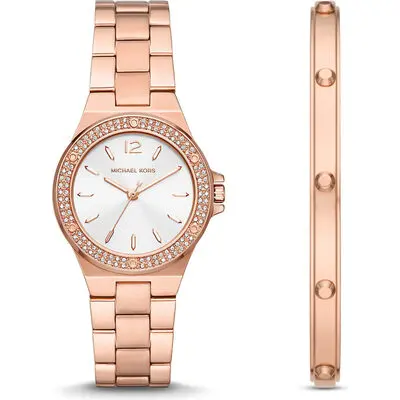 Michael Kors Lennox Women’s Rose Gold-Tone Watch & Bangle Set | 33mm Pavé Crystal Bezel with Astor-Stud Bracelet (MK1073SET)