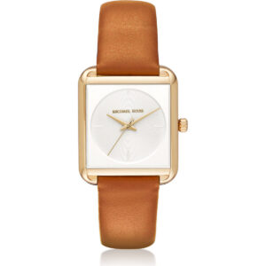 Michael Kors Lake Women’s Gold-Tone Square Watch | 32mm White Minimalist Dial with Cognac Brown Leather Strap (MK2584)
