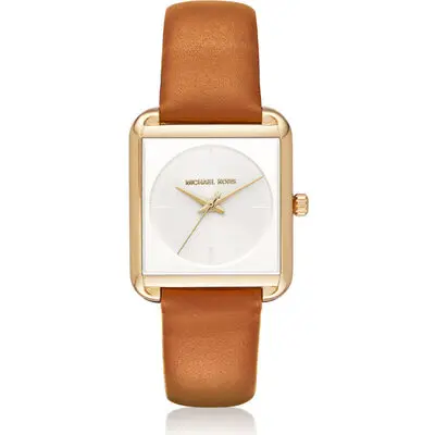 Michael Kors Lake Women’s Gold-Tone Square Watch | 32mm White Minimalist Dial with Cognac Brown Leather Strap (MK2584)