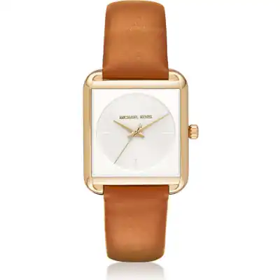 Michael Kors Lake Women’s Gold-Tone Square Watch | 32mm White Minimalist Dial with Cognac Brown Leather Strap (MK2584)