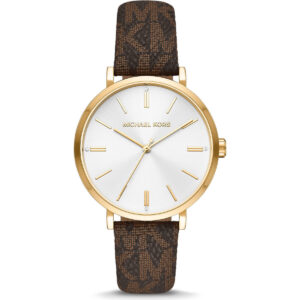 Michael Kors Addyson Women’s Gold-Tone Watch | 40mm White Sunray Dial with Brown Signature Logo PVC Leather Strap (MK2945)