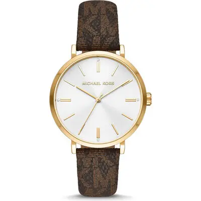 Michael Kors Addyson Women’s Gold-Tone Watch | 40mm White Sunray Dial with Brown Signature Logo PVC Leather Strap (MK2945)
