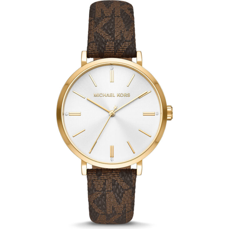 MK2945 main?$aemResponsive pdpzoom$ Michael Kors Addyson Women’s Gold-Tone Watch | 40mm White Sunray Dial with Brown Signature Logo PVC Leather Strap (MK2945)