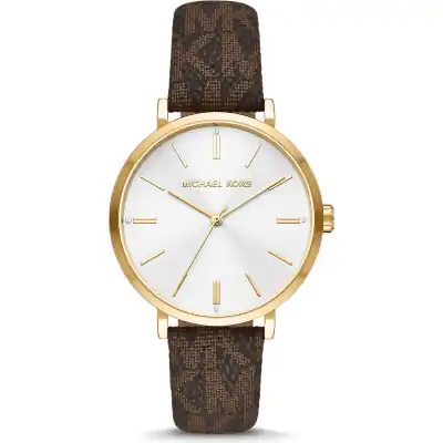 Michael Kors Addyson Women’s Gold-Tone Watch | 40mm White Sunray Dial with Brown Signature Logo PVC Leather Strap (MK2945)