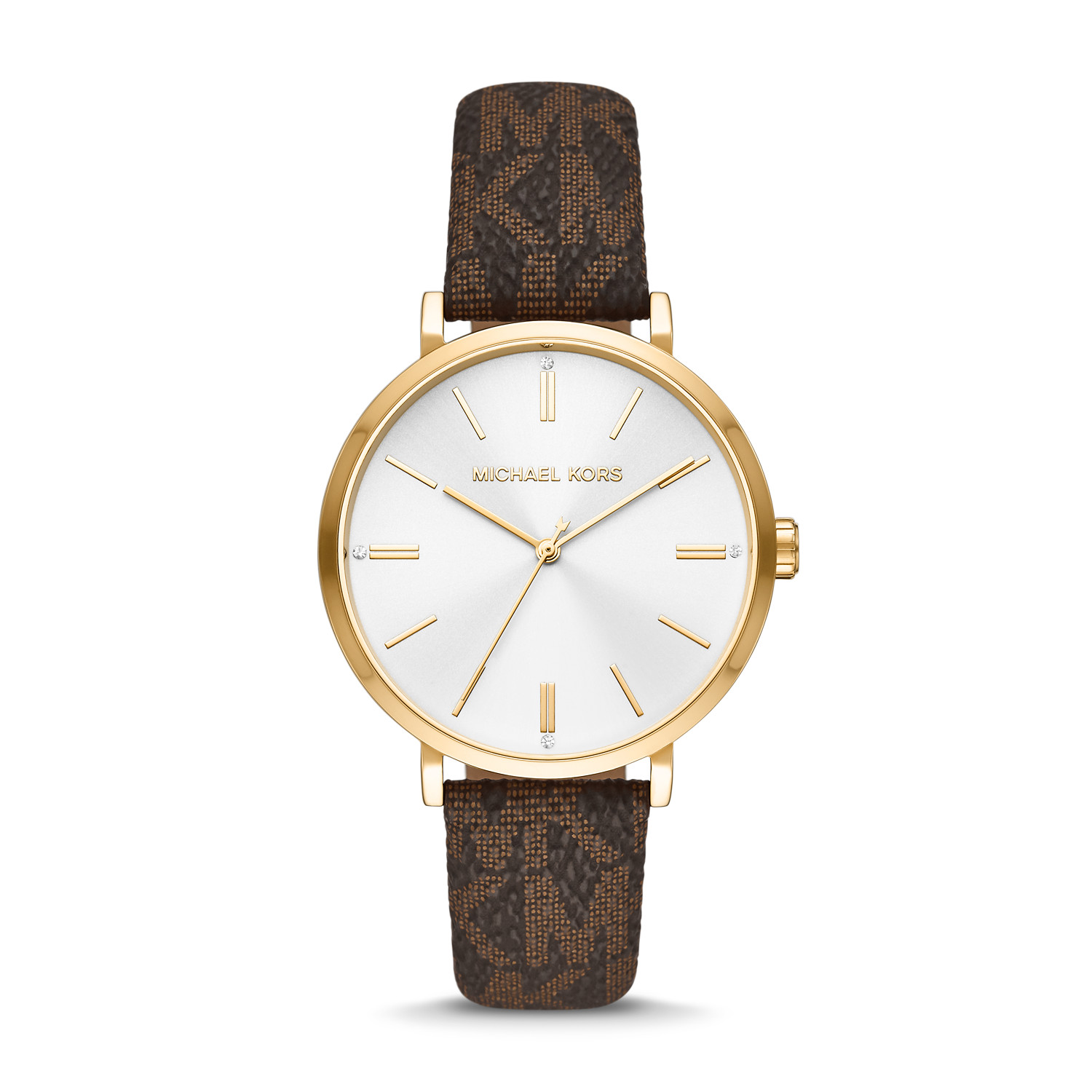Michael Kors Addyson Women’s Gold-Tone Watch | 40mm White Sunray Dial with Brown Signature Logo PVC Leather Strap (MK2945)