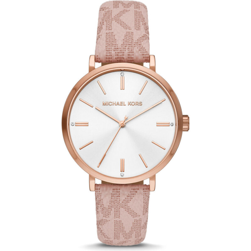 Michael Kors Addyson Women’s Rose Gold-Tone Watch | 40mm White Sunray Dial with Ballet Pink Signature Logo Strap (MK2947)