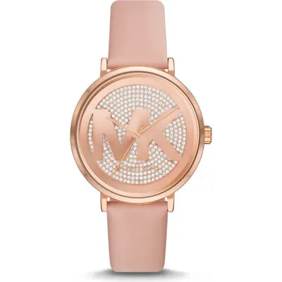 Michael Kors Addyson Women’s Rose Gold-Tone Watch | 40mm Pavé MK Logo Dial with Blush Pink Genuine Leather Strap (MK2957)