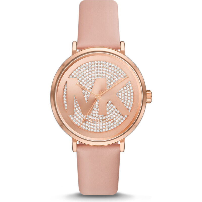 Michael Kors Addyson Women’s Rose Gold-Tone Watch | 40mm Pavé MK Logo Dial with Blush Pink Genuine Leather Strap (MK2957)