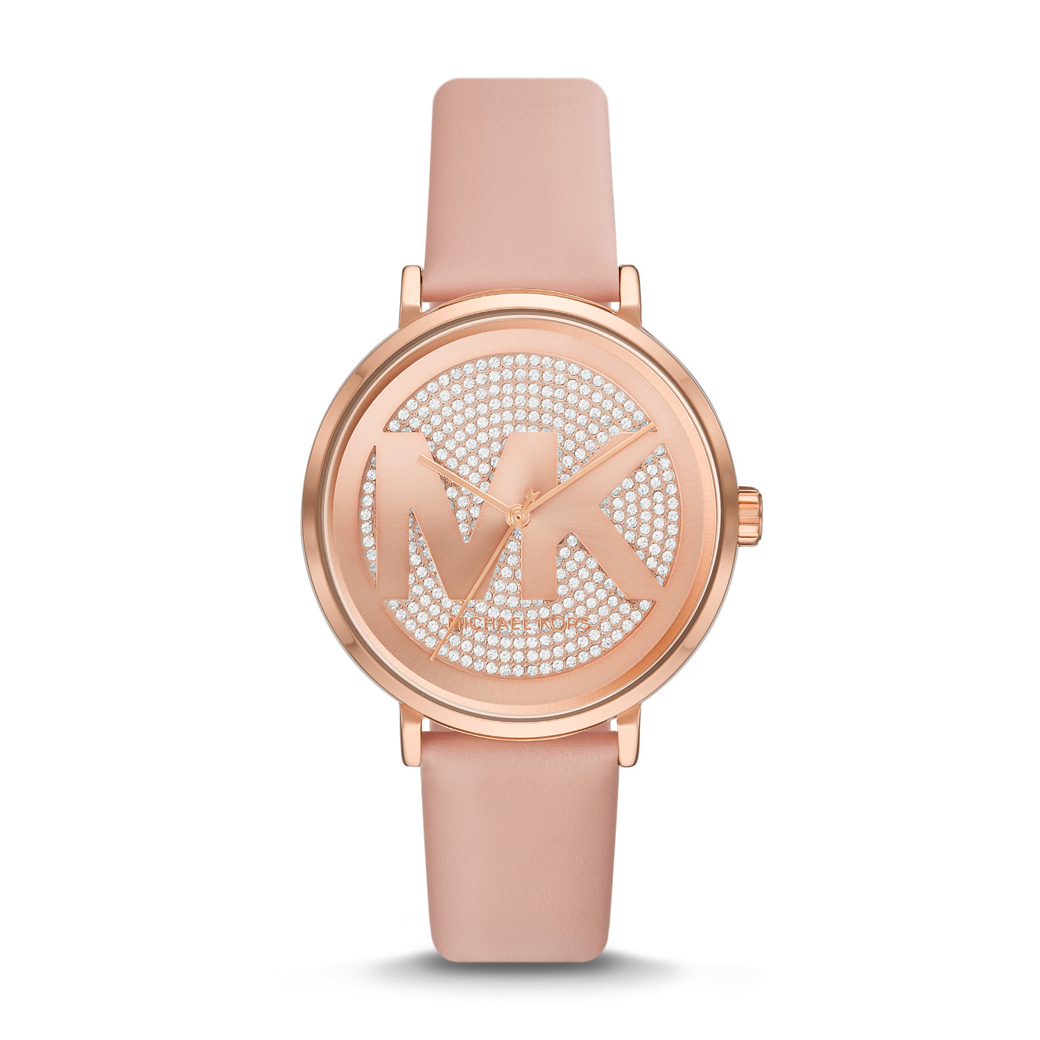 Michael Kors Addyson Women’s Rose Gold-Tone Watch | 40mm Pavé MK Logo Dial with Blush Pink Genuine Leather Strap (MK2957)