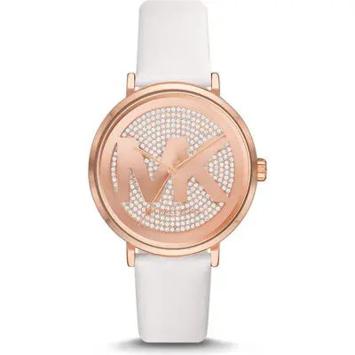 Michael Kors Addyson Women’s Rose Gold-Tone Watch | 40mm Pavé Crystal Logo Dial with White Genuine Leather Strap (MK2958)