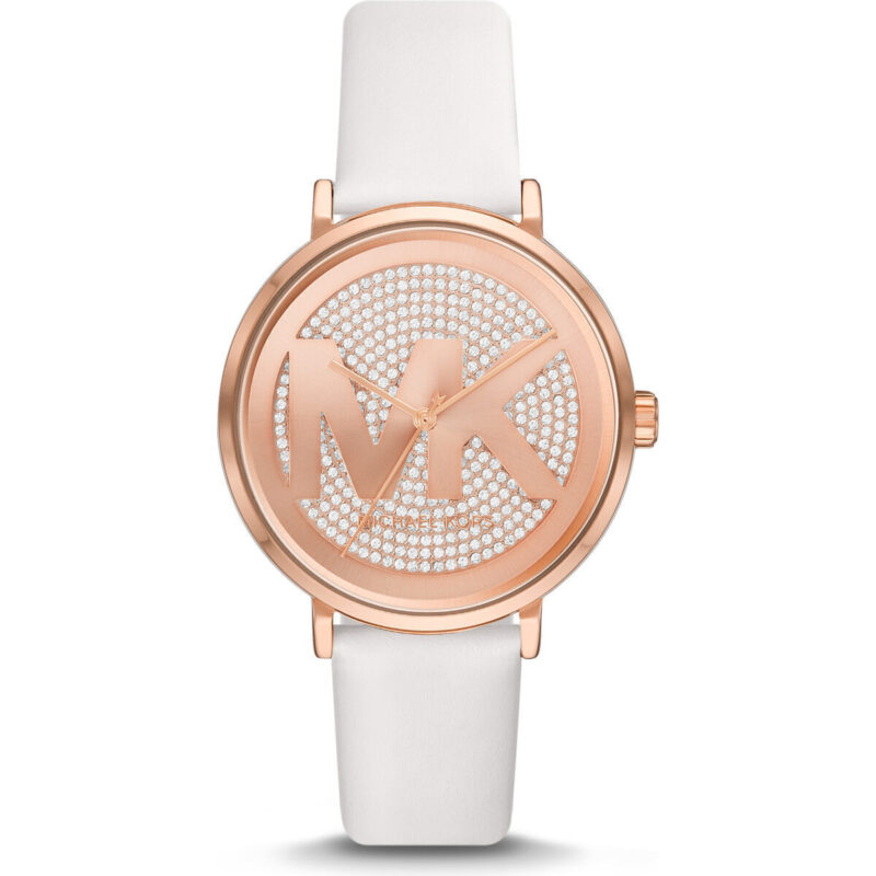 MK2958 main?$aemResponsive pdpzoom$ Michael Kors Addyson Women’s Rose Gold-Tone Watch | 40mm Pavé Crystal Logo Dial with White Genuine Leather Strap (MK2958)
