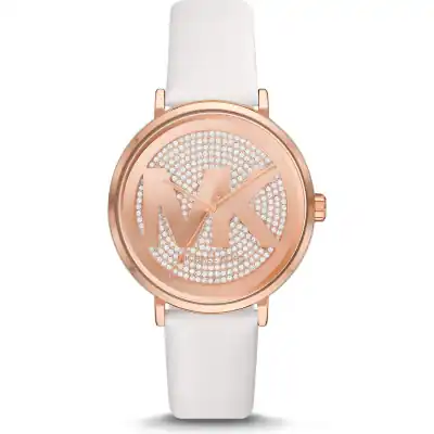 Michael Kors Addyson Women’s Rose Gold-Tone Watch | 40mm Pavé Crystal Logo Dial with White Genuine Leather Strap (MK2958)