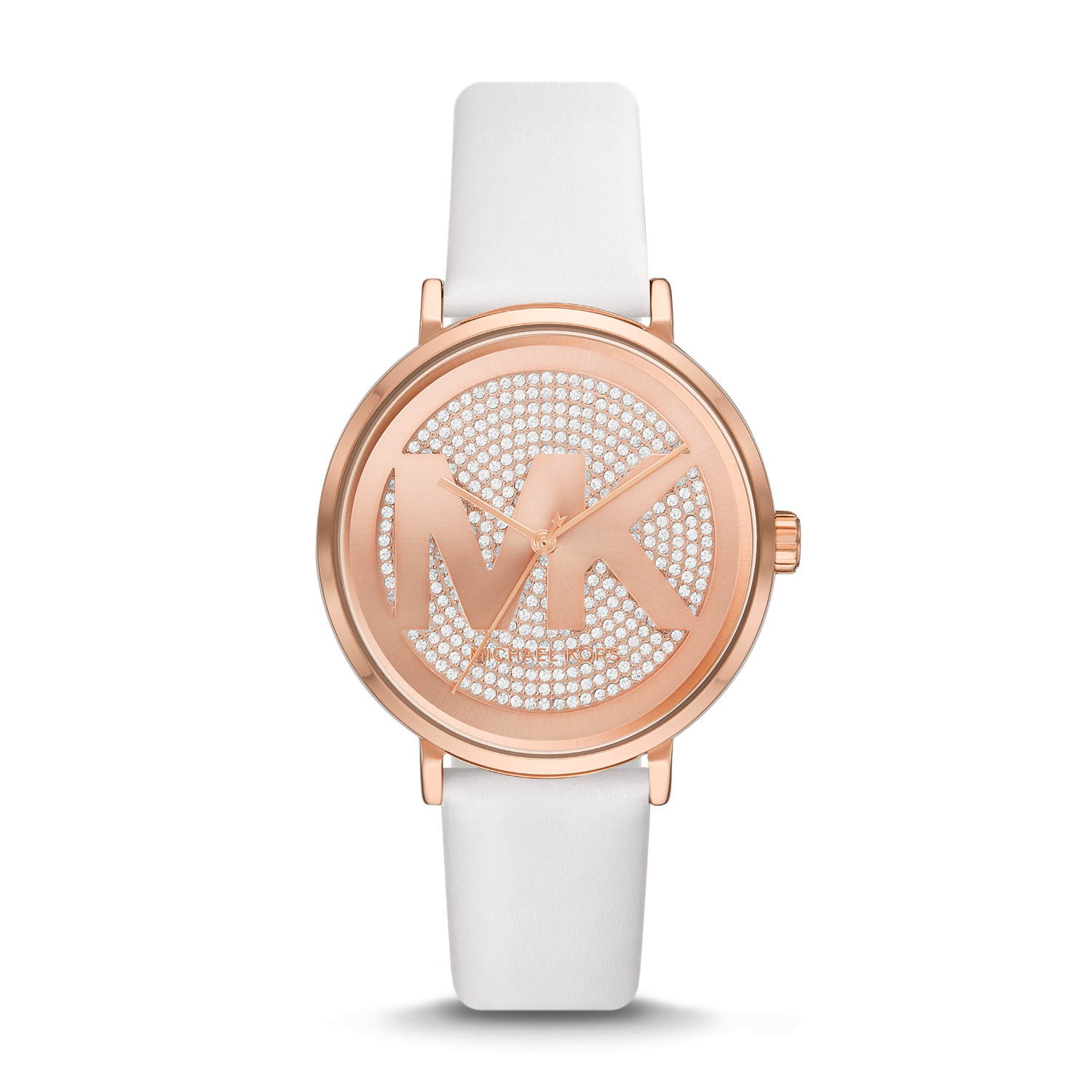 Michael Kors Addyson Women’s Rose Gold-Tone Watch | 40mm Pavé Crystal Logo Dial with White Genuine Leather Strap (MK2958)