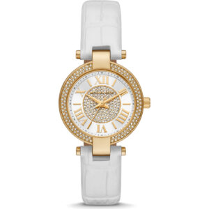 Michael Kors Laney Women’s Gold-Tone Watch | 33mm White Dial with Crystal Bezel and White Genuine Leather Strap (MK2980)