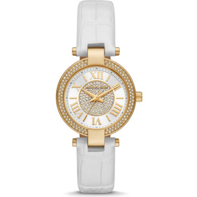 Michael Kors Laney Women’s Gold-Tone Watch | 33mm White Dial with Crystal Bezel and White Genuine Leather Strap (MK2980)
