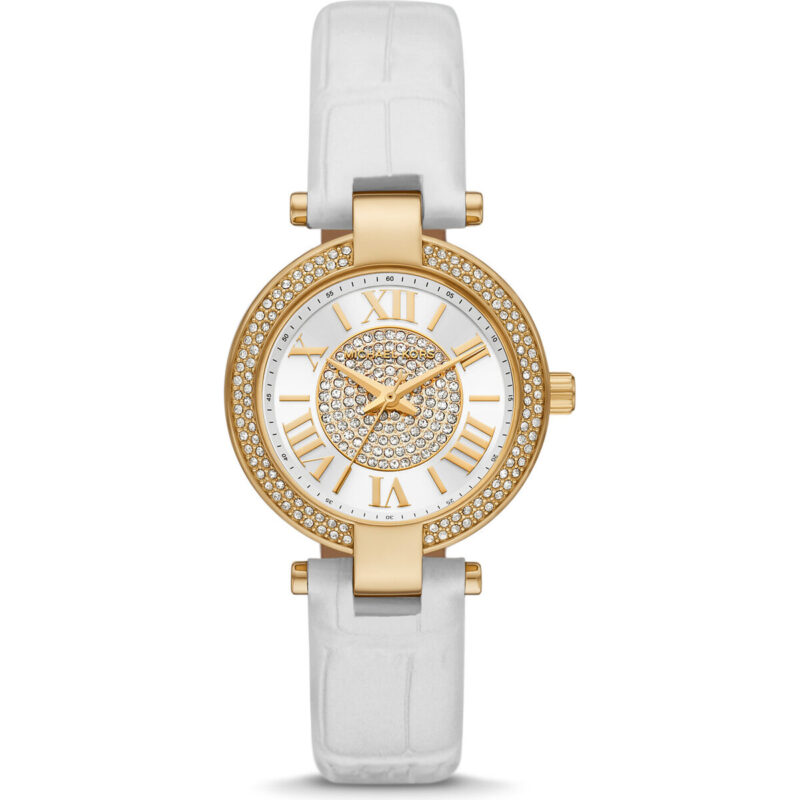 Michael Kors Laney Women’s Gold-Tone Watch | 33mm White Dial with Crystal Bezel and White Genuine Leather Strap (MK2980)